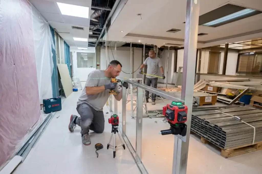 Instalación de estructura metálica y drywall en local comercial, con equipo de nivelación láser de precisión y personal técnico especializado. Obra civil ejecutada por Remodelaciones Caracas.